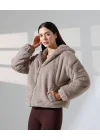 Kadın Kahverengi Peluş Kapüşonlu Fermuarlı Astarlı Oversize Bomber Mont
