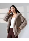 Kadın Kahverengi Peluş Kapüşonlu Fermuarlı Astarlı Oversize Bomber Mont