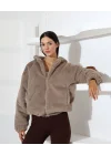 Kadın Kahverengi Peluş Kapüşonlu Fermuarlı Astarlı Oversize Bomber Mont