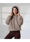 Kadın Kahverengi Peluş Kapüşonlu Fermuarlı Astarlı Oversize Bomber Mont