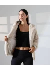 Kadın Bej Peluş Kapüşonlu Fermuarlı Astarlı Oversize Bomber Mont