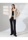 Kadın Bej Peluş Kapüşonlu Fermuarlı Astarlı Oversize Bomber Mont