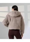 Kadın Kahverengi Peluş Kapüşonlu Fermuarlı Astarlı Oversize Bomber Mont