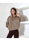 Kadın Kahverengi Peluş Kapüşonlu Fermuarlı Astarlı Oversize Bomber Mont