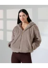Kadın Kahverengi Peluş Kapüşonlu Fermuarlı Astarlı Oversize Bomber Mont