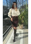 Kadın Bej Sedef Düğmeli Kolları Poplin Balon Kol Triko Hırka Bluz