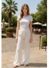 Kadın Beli Lastikli Pol Paça Pantolon