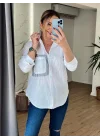 Kadın Beyaz Çizgili Panel Detaylı Pamuklu Oversize Gömlek Sırtı Dekolteli Bluz