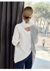Kadın Beyaz Çizgili Panel Detaylı Pamuklu Oversize Gömlek Sırtı Dekolteli Bluz