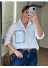 Kadın Beyaz Çizgili Panel Detaylı Pamuklu Oversize Gömlek Sırtı Dekolteli Bluz