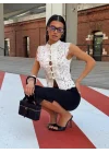 Kadın Beyaz Dik Yaka Dantelli Çin Düğmeli Bohem Yelek Crop Bluz