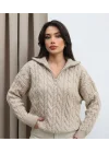 Kadın Bej Fermuarlı Saç Örgü Desenli Oversize Triko Kazak