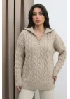 Kadın Bej Fermuarlı Saç Örgü Desenli Oversize Triko Kazak