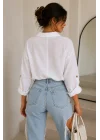 Kadın Beyaz Pamuklu Keten Çift Cepli Ahşap Düğme Pinterest Oversize Gömlek