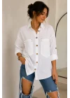 Kadın Beyaz Pamuklu Keten Çift Cepli Ahşap Düğme Pinterest Oversize Gömlek
