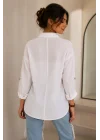 Kadın Beyaz Pamuklu Keten Çift Cepli Ahşap Düğme Pinterest Oversize Gömlek