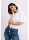 Kadın Beyaz Pamuklu Yarasa Kol Beli Oturtmalı Crop Bluz T-Shirt