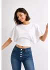 Kadın Beyaz Pamuklu Yarasa Kol Beli Oturtmalı Crop Bluz T-Shirt
