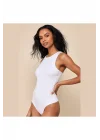 Kadın Beyaz Çift Katlı Sandy Kumaş Halter Yaka Çıtçıtlı Tanga Kesim Bodysuit