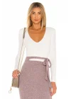 Kadın Beyaz Çift Katlı Sandy Kumaş V Yaka Uzun Kol Çıtçıtlı Tanga Bodysuit