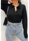 Kadın Beyaz Uzun Kollu Yakalı Triko Bluz