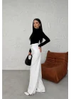Kadın Beyaz Yüksek Bel Cırtlı Cepli Geniş Paça Palazzo Pantolon