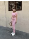 Kadın Bisiklet Yaka Bağcık Detay Crop Ve Yüksek Bel çizgi Desen Etek Ikili Takım