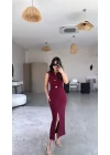 Kadın Bisiklet Yaka Broş Detay Yırtmaçlı Maxi Boy Ottoman Elbise