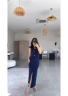 Kadın Bisiklet Yaka Broş Detay Yırtmaçlı Maxi Boy Ottoman Elbise
