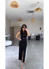 Kadın Bisiklet Yaka Broş Detay Yırtmaçlı Maxi Boy Ottoman Elbise