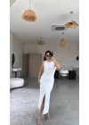 Kadın Bisiklet Yaka Broş Detay Yırtmaçlı Maxi Boy Ottoman Elbise