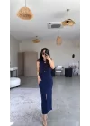 Kadın Bisiklet Yaka Broş Detay Yırtmaçlı Maxi Boy Ottoman Elbise