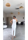 Kadın Bisiklet Yaka Broş Detay Yırtmaçlı Maxi Boy Ottoman Elbise