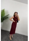Kadın Bisiklet Yaka Broş Detay Yırtmaçlı Maxi Boy Ottoman Elbise