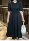Kadın Bisiklet Yaka Kısa Kol Lastik Detay Uzun Elbise