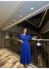 Kadın Bisiklet Yaka Kısa Kol Lastik Detay Uzun Elbise