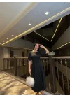 Kadın Bisiklet Yaka Kısa Kol Lastik Detay Uzun Elbise