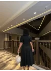 Kadın Bisiklet Yaka Kısa Kol Lastik Detay Uzun Elbise