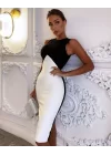 Kadın Bisiklet Yaka Kolsuz çift Renk Detay Midi Boy Elbise