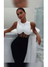 Kadın Bisiklet Yaka Kolsuz çift Renk Ve Bel Transparan Korse Detay Midi Boy Elbise