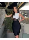 Kadın Bisiklet Yaka Kolsuz çift Renk Ve Bel Transparan Korse Detay Midi Boy Elbise