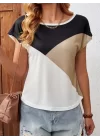 Kadın Bisiklet Yaka üç Renk Viskon T-shirt