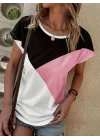 Kadın Bisiklet Yaka üç Renk Viskon T-shirt