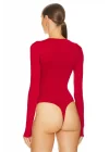 Kadın Kırmızı Kayık Yaka Uzun Kollu Çift Katlı Tanga Kesim Sandy Bodysuit