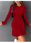Kadın Bisiklet Yaka Uzun Kol Etek Ucu Fırfırlı Triko (polyenit) Yılbaşı özel Mini Boy Elbise