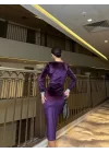 Kadın Bisiklet Yaka Vatkalı Manşet Detay Kadife Kumaş Midi Boy Elbise