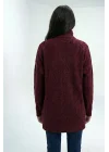 Kadın Bordo Fermuarlı Saç Örgü Desenli Oversize Triko Kazak