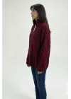 Kadın Bordo Fermuarlı Saç Örgü Desenli Oversize Triko Kazak