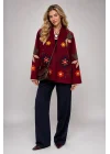 Kadın Bordo Kabartma Nakış İşlemeli Kimono Kaşe Ceket