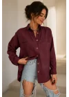 Kadın Bordo Pamuklu Keten Çift Cepli Ahşap Düğme Pinterest Oversize Gömlek